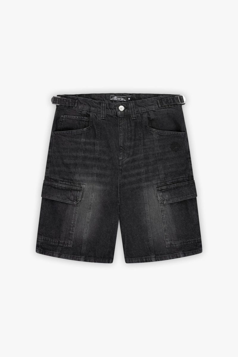 WASHED BLACK DENIM CARGO JORTS