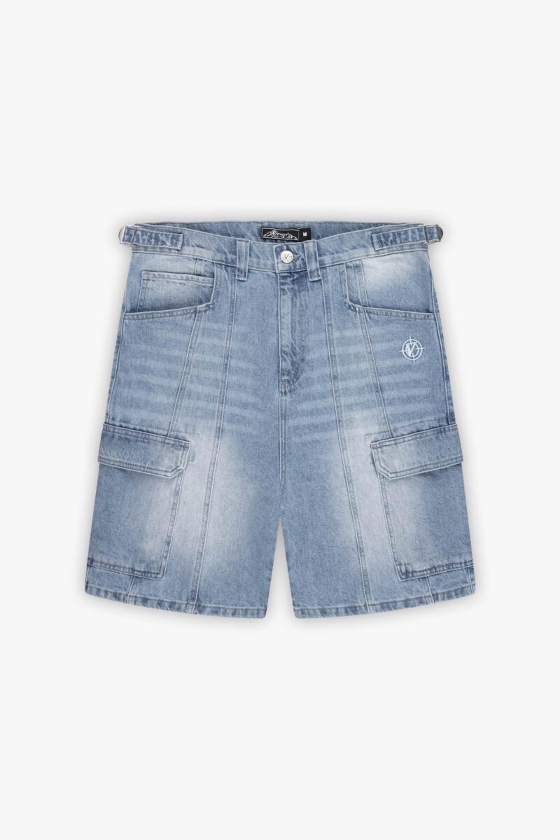 BLUE WASHED DENIM CARGO JORTS