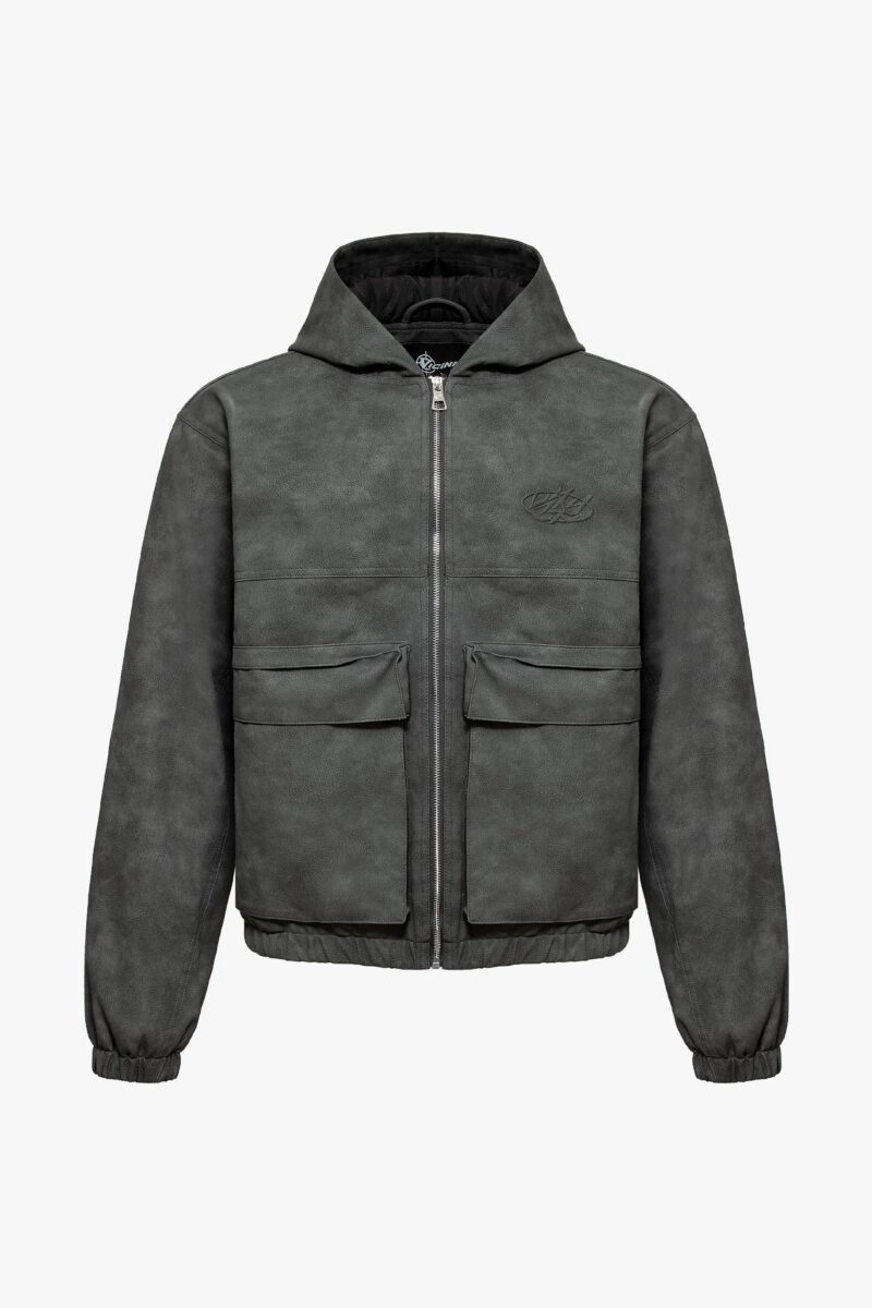 SCRIPT LOGO LEATHER JACKET GREY